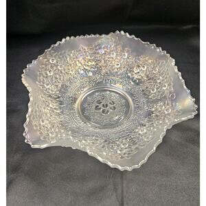 Vintage Fenton Beaded Berry Orange Tree Carnival Glass White Ruffled Glass 10"